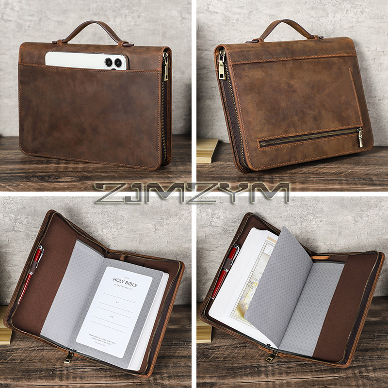 Stationery Supplies Business - Retro-Leder-Notizbuchhülle, handgefertigt, mit Reißverschluss, tragbare Lederhülle,